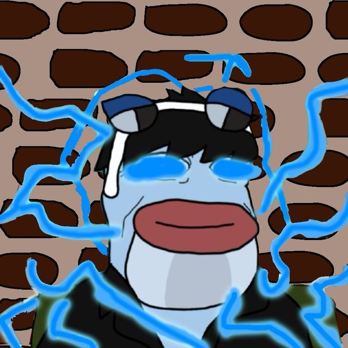 ers face is blue with white eyes and a red nose, set against a brick wall backdrop of blue lightning bolts.