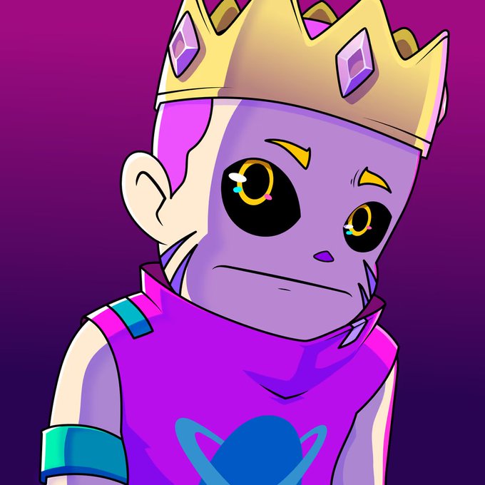 An animated illustration features a purple-skinned character with large black eyes wearing a golden crown adorned with pink gems and a purple shirt with a blue design.