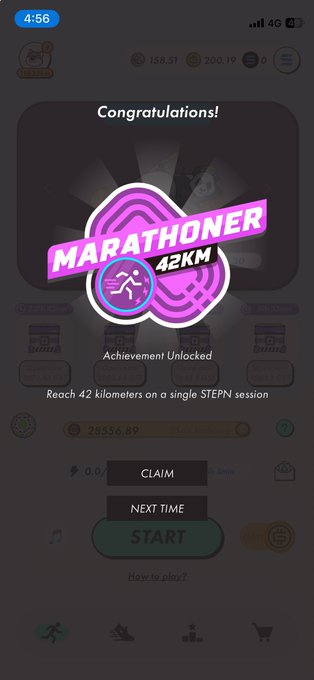 A STEPPN app achievement screen displays a "MARATHONER 42KM" badge with the message "Congratulations! Achievement Unlocked - Reach 42 kilometers on a single STEPPN session," celebrating the user's successful 42km walk that the post describes as a personal growth milestone and motivation to prepare better for future longer distances.