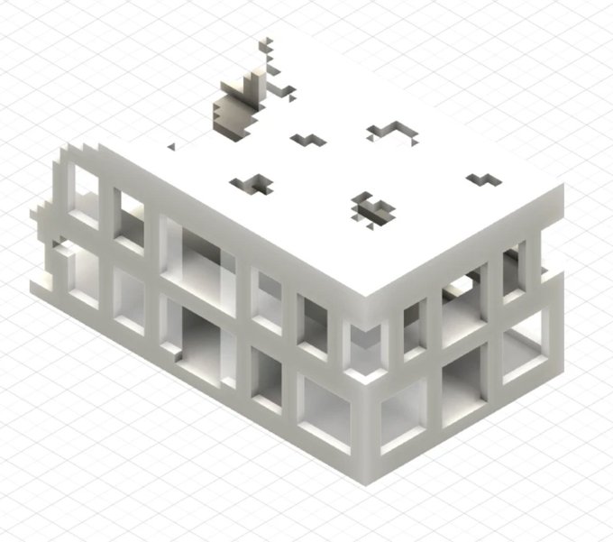 A 3D rendered isometric view of a white concrete block structure with square openings on a grid background, with fragmented pieces floating above it.