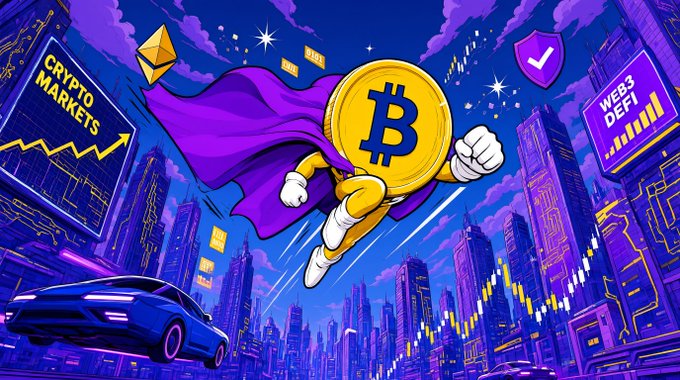 A vibrant, superhero-styled Bitcoin coin soars through a neon-lit, futuristic cityscape with signs reading "CRYPTO MARKETS" and "WEB3 DEFI," alongside floating Ethereum and shield icons and a sleek sports car below. The image visually contrasts crypto's heroic ascent with the post's theme of shifting risk appetite, as traditional markets like the Kospi enter a bull run while crypto consolidates.