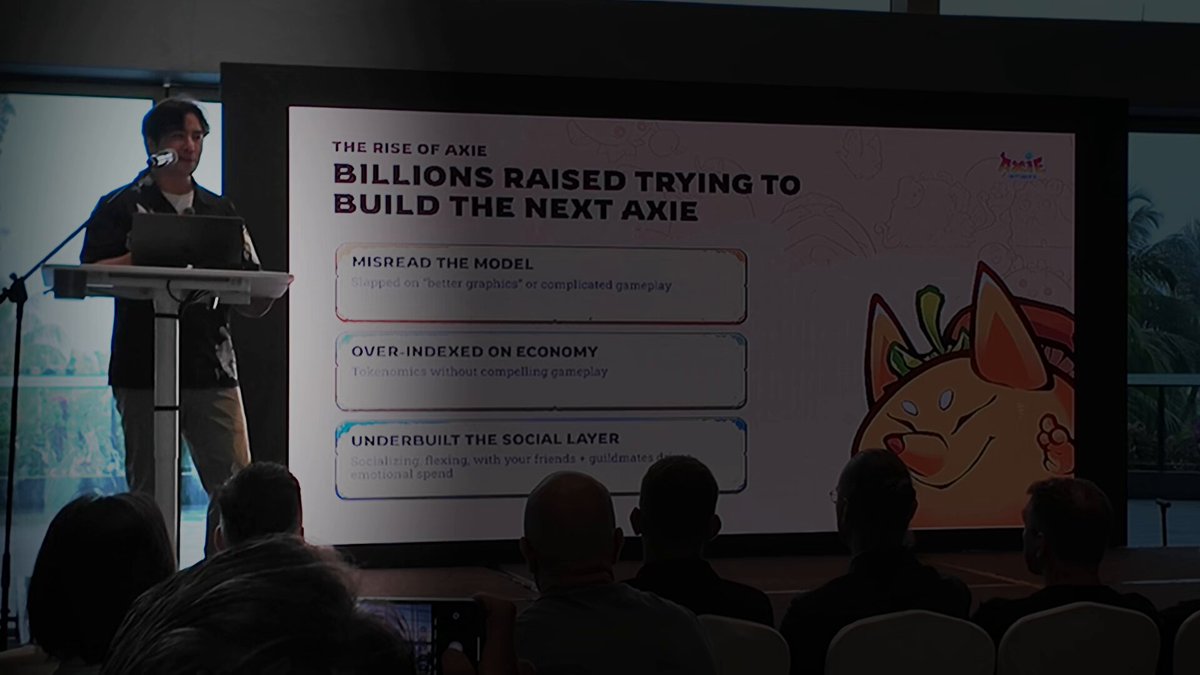 The image shows a man standing behind a podium, giving a presentation or speech at an event. The audience consists of several people sitting in chairs around the room, attentively listening to the speaker. The setting appears to be indoors with a large screen displaying information related to cryptocurrency and gaming.