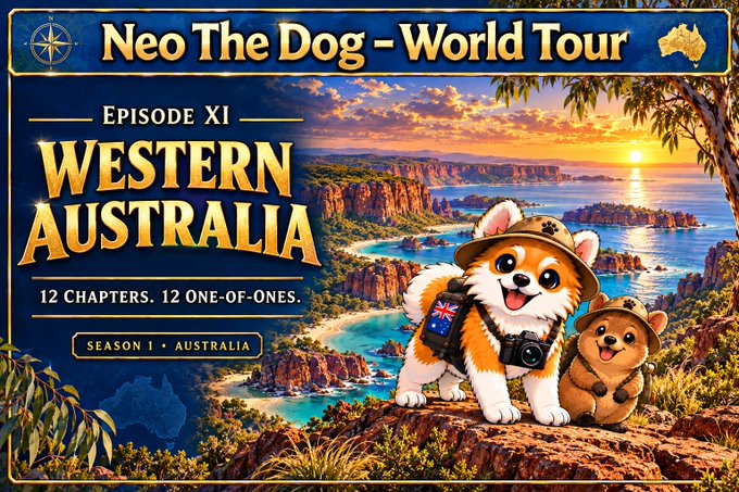 A promotional banner titled 'Neo The Dog - World Tour, Episode XI: Western Australia' features two cartoon corgi dogs in explorer hats, with text noting '12 Chapters. 12 One-of-Ones. Season 1 • Australia'.