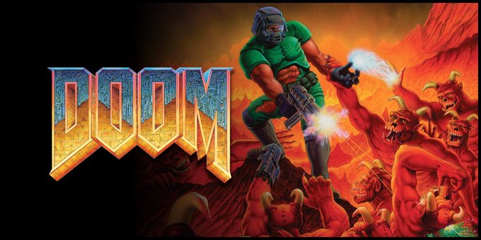 Promotional artwork for the classic video game DOOM, featuring the iconic Doomguy in green armor firing weapons at a horde of red demons, with the stylized "DOOM" logo displayed on the left. The fiery, hellish aesthetic visually reinforces the post's excitement about a play-to-earn DOOM game and $DOOM token launch on Solana.