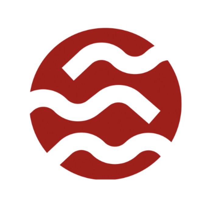 A logo featuring a dark red circle with stylized white wave or cloud patterns flowing horizontally through it.