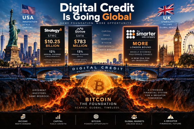 A promotional graphic titled "Digital Credit Is Going Global" featuring "Strategy" ($10.25 Billion), "Strive" ($783 Million), and "the smarter web company," highlighting Bitcoin, income, and capital across USA and UK markets.