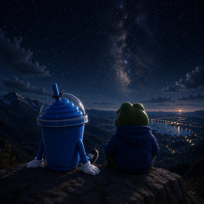 A 3D-rendered scene of two cartoonish characters sitting on a rocky cliff edge at night, looking out over a coastal city with glowing lights under a starry Milky Way sky; one character is a blue slushie cup and the other is a green frog-like figure in a hoodie.