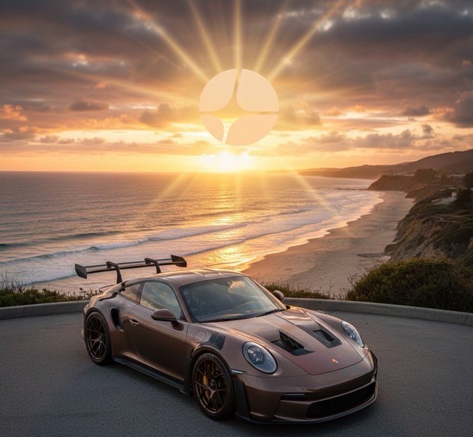A dark-colored Porsche sports car with a large rear wing is parked on a coastal road overlooking a beach, with a sunset creating rays of light in the sky behind a watermark logo.