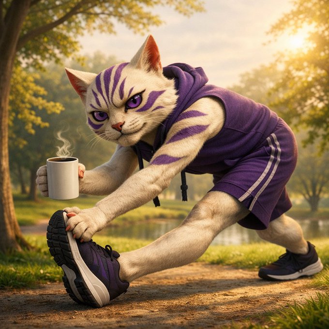 A digital illustration of an anthropomorphic white cat with purple tiger stripes, wearing a purple hoodie and shorts, stretching to tie its running shoe while holding a steaming mug in a sunlit park setting.