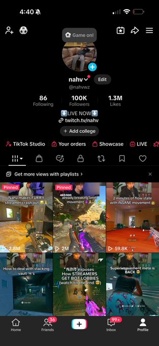 A TikTok profile page for "nahv" (@nahvwz) displays 100K followers, 1.3M likes, and 86 following, with a "LIVE NOW" indicator and pinned gameplay clips featuring titles like "2 minutes of flow state" and "Superimprovement meta is BACK." The screenshot captures the milestone moment referenced in the post, celebrating reaching 100K followers with "watch livestream" highlighted as a key action.