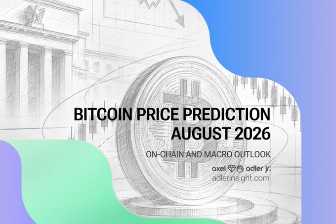 The image is a presentation slide titled "BITCOIN PRICE PREDICTION AUGUST 2026 - ON-CHAIN AND MACRO OUTLOOK" by Axel Adler Jr. (adlerinsight.com), featuring a sketched Bitcoin coin with classical architecture and financial chart elements in the background. The slide visually introduces the accompanying analysis of Bitcoin's August performance, which notes BTC is trading between $57.7K support and $67K resistance amid a historically bearish month.