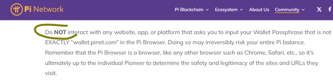 The image shows a Pi Network warning emphasizing that users should **NOT** interact with any website, app, or platform asking for their Wallet Passphrase unless it is exactly "wallet.pinet.com" within the Pi Browser, as doing so could irreversibly risk their entire Pi balance. This relates to the post about protecting your Pi Wallet, reminding Pioneers of crucial security practices to safeguard their funds from phishing or fraudulent schemes.