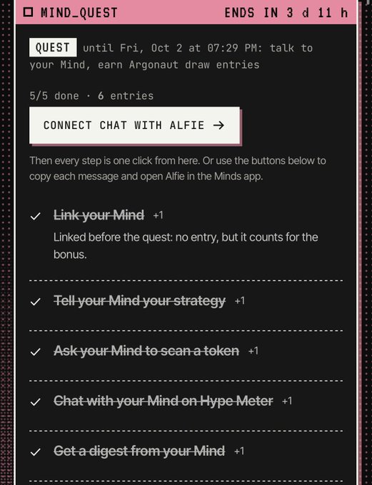 A 'MIND_QUEST' interface shows a task to 'talk to your Mind' and earn Argonaut draw entries, with 5/5 steps completed including linking your Mind and getting a digest.
