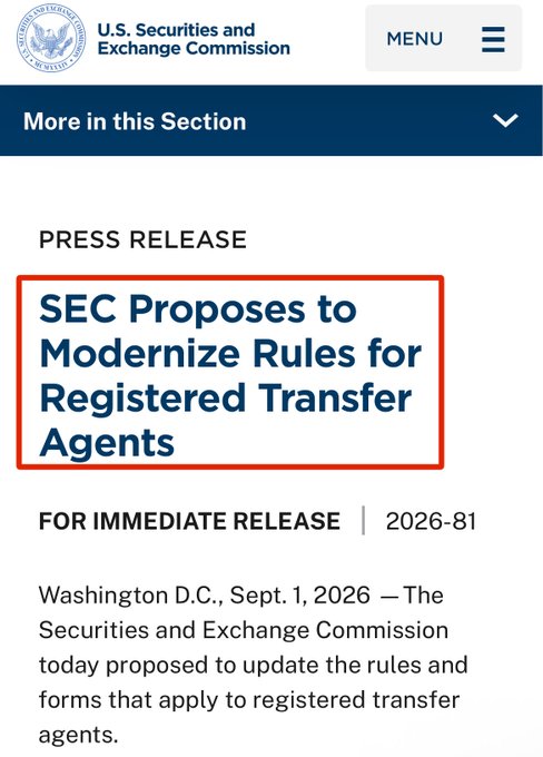 The SEC announces proposal 2026-81 to modernize rules for registered transfer agents, which aligns with the post's claim about supporting blockchain technology for securities transactions by updating the regulatory framework that governs these agents.