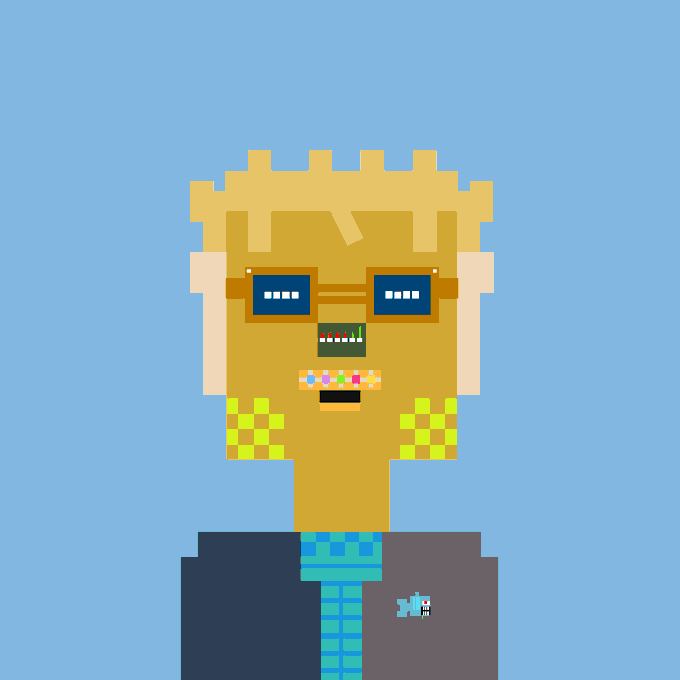 A pixel art portrait depicts a character with blond hair, dark sunglasses, and grillz, wearing a teal patterned shirt and dark jacket against a solid blue background.