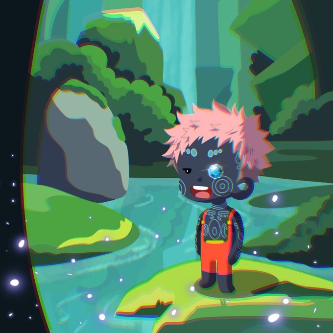 An animated chibi-style character with spiky pink hair, dark skin with blue tribal markings, and an orange outfit stands in a lush green forest setting with a waterfall.