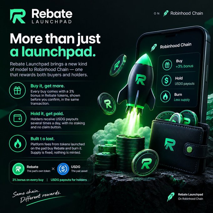 An advertisement for 'Rebate Launchpad' on Robinhood Chain features a rocket launching from coins, highlighting 'Buy +3% bonus', 'Hold USDC payouts', and 'Burn Less supply'.