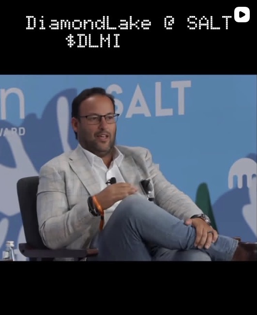 A man with glasses wearing a light gray blazer and jeans speaks while seated at the SALT conference, with text overlay reading 'DiamondLake @ SALT #DLMI'.