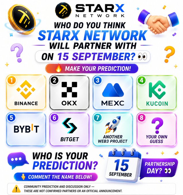 A promotional graphic from StarX Network asking community members to predict their next partnership, featuring 8 numbered options: Binance, OKX, MEXC, KuCoin, BYBIT, BITGET, Another Web3 Project, and Your Own Guess, with the date "15 September" and hashtags #StarXNetwork #STRX highlighting the speculative nature of the poll.