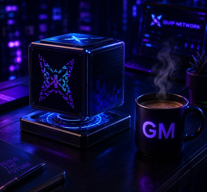 A cyberpunk-themed desktop scene featuring a glowing holographic cube displaying the QUISP NETWORK logo in purple and blue neon, alongside a black 'GM' coffee mug emitting steam, with a laptop and notebook in the background.
