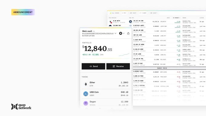 A screenshot of a cryptocurrency wallet interface showing a portfolio value of "12,840.55" and holdings in Ether, USD Coin, and Degen, branded with the Quip Network logo.