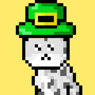 Pixel art image of a white dog wearing a green leprechaun hat with a gold buckle on a yellow background.