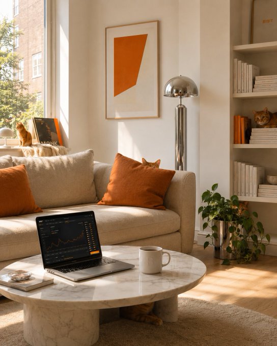 urns of orange and white flowers, a laptop on a coffee table, a bookshelf with books, a cat resting on the windowsill, and a plant on the floor.