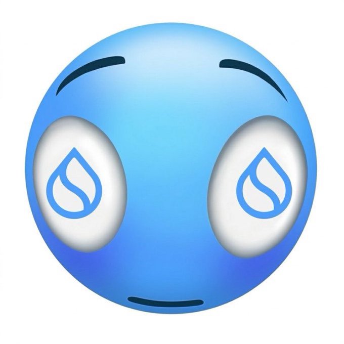 A blue emoji-style face with large white eyes containing blue Sui (SUI) cryptocurrency logos inside them.