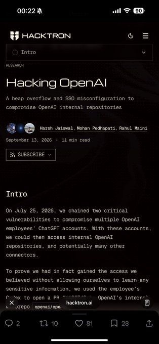 A Hacktron webpage screenshot titled 'Hacking OpenAI' describing vulnerabilities to compromise OpenAI employees' ChatGPT accounts and internal repositories.