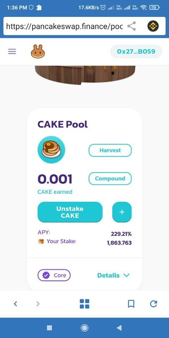 A mobile screenshot of the PancakeSwap finance website showing a CAKE Pool with 0.001 CAKE earned, APY of 229.21%, and a stake of 1,863.763.