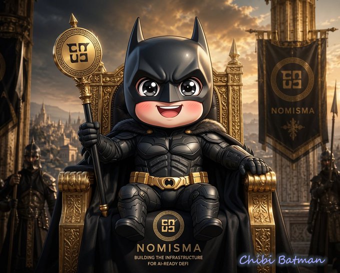 A chibi-style Batman character sits on an ornate golden throne holding a scepter, with banners reading 'NOMISMA' and text 'BUILDING THE INFRASTRUCTURE FOR AI-READY DEFI' below, labeled 'Chibi Batman' in the corner.