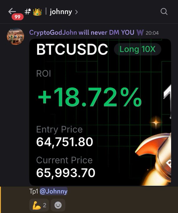 Telegram chat screenshot showing a crypto trading signal from 'CryptoGodJohn' for BTCUSDC Long 10X with an ROI of +18.72%, entry price 64,751.80, and current price 65,993.70.