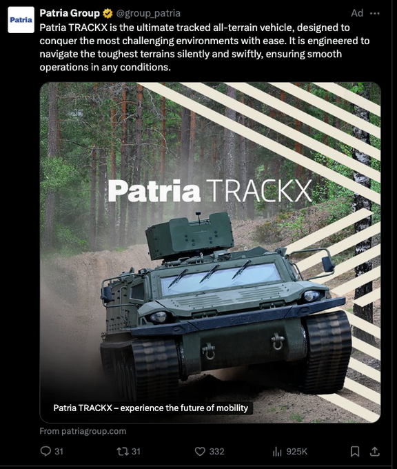 This image is an advertisement for the Patria TRACKX, an all-terrain vehicle, which relates to the user's post by showing the vehicle they are considering purchasing. The text "Patria TRACKX" is prominently displayed.