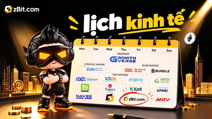 A promotional graphic for 'zBit.com' featuring a cartoon character with glowing sunglasses, a calendar, and the text 'Lịch kinh tế' alongside various partner logos including KPMG, Deloitte, and Zalo.