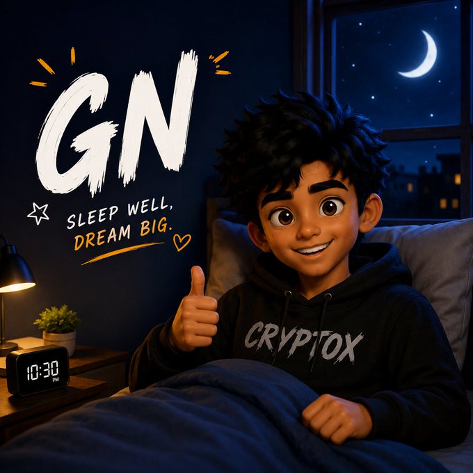 A 3D animated illustration of a young man in a 'CRYPTOX' hoodie giving a thumbs up in bed at night, with the text 'GN SLEEP WELL, DREAM BIG.' and a clock showing 10:30 PM.