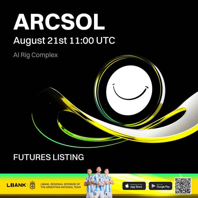 A promotional graphic from LBank announces the ARCSOL futures listing on August 21st at 11:00 UTC for AI Rig Complex, featuring the platform's smiley logo and Argentine national football team sponsorship. The image highlights the new perpetual contract with up to 50x leverage now available on LBank, complete with app download links and a QR code.