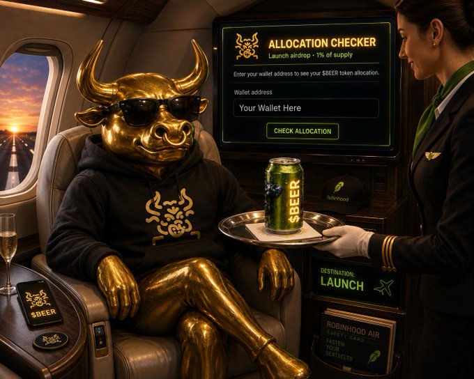 A promotional image for the $BEER token airdrop featuring a golden bull statue wearing sunglasses and a black hoodie, sitting in a first-class airplane seat being served by a flight attendant, with an 'ALLOCATION CHECKER' screen displaying a wallet input field.