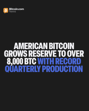 The image displays the headline "AMERICAN BITCOIN GROWS RESERVE TO OVER 8,000 BTC WITH RECORD QUARTERLY PRODUCTION." This directly relates to the provided post, which details American Bitcoin's Q2 2026 production of 932 $BTC, bringing their total holdings to 8,002 #Bitcoin.