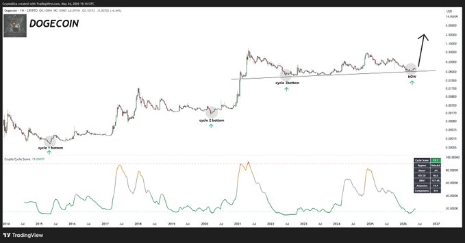 ersi's stock chart for DOGE coin, with a black and white color scheme and a gradient background, displays the price trend over time.