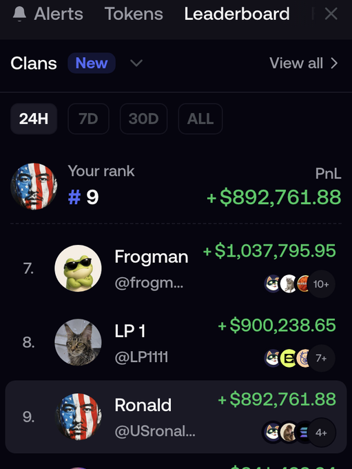 A leaderboard screenshot on Fomo shows the user "Ronald" (@USronal...) ranked #9 with a profit of +$892,761.88, just above "LP 1" ($900,238.65) and "Frogman" ($1,037,795.95). This visually supports the post's claim of breaking into the top 10 on the platform.