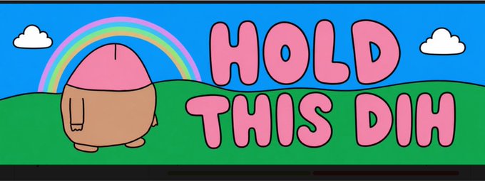 A cartoonish character stands before a rainbow with the words "HOLD THIS DIN" written in pink bubble letters. The image ties to the post about diamond hands holding, suggesting strength and patience in maintaining positions, referencing Robinhood (RH) and an upcoming Millies NFT collection arrival.