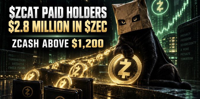 A black cat wearing a paper bag over its head sits atop golden $ZEC coins beside glowing briefcases, with text announcing "$ZCAT PAID HOLDERS $2.8 MILLION IN $ZEC" and "ZCASH ABOVE $1,200." The image visually reinforces the post's claim that the $ZCAT memecoin has distributed substantial Zcash rewards to holders while ZEC trades at premium prices, tying the feline mascot to the privacy coin narrative.