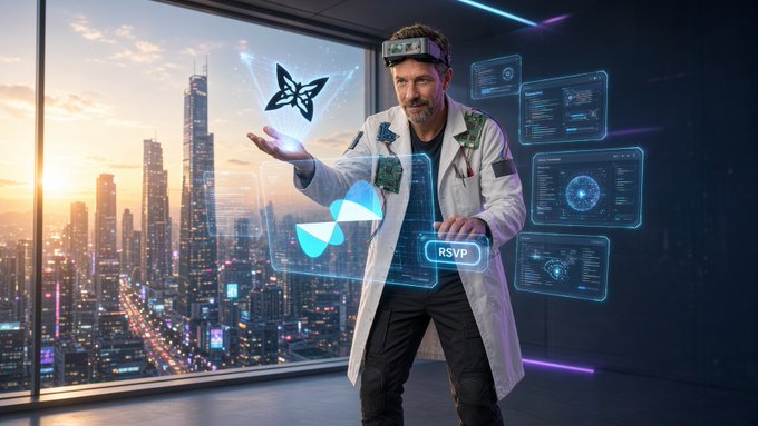 A futuristic image showing a man in a lab coat using a head-mounted brain interface device while holographic butterflies and digital dashboards float around him, with a cityscape at sunset visible through the window.