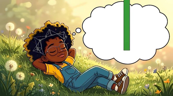 A cartoon illustration of a young boy with curly hair and glasses relaxing in a field of flowers with his eyes closed, while a thought bubble displays the letter 'I'.