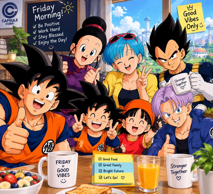 An illustrated 'Friday Morning!' scene by Capsule Corp featuring Dragon Ball characters (Goku, Gohan, Chi-Chi, Bulma, Vegeta, Trunks, and Pan) gathered together with positive affirmations, breakfast items, and a cityscape in the background.