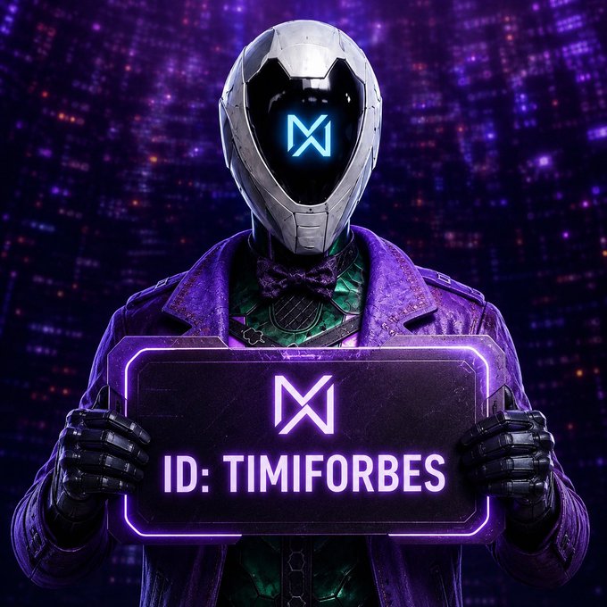 A digital artwork features a futuristic figure in a white helmet and purple jacket holding a neon purple sign that reads 'ID: TIMIFORBES' with a stylized 'M' logo against a purple background.