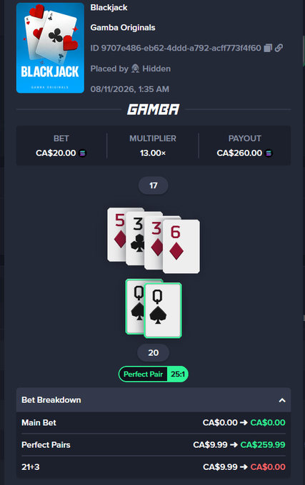 A screenshot of a Gamba Originals Blackjack game showing a CA$20 bet with a 13x multiplier and CA$260 payout, where the player holds a pair of Qs (Perfect Pair, 25:1) totaling 20 against the dealer's 17 (5, 3, 3, 6), illustrating the side-bet-driven "BJ meta" promoted in the tweet.