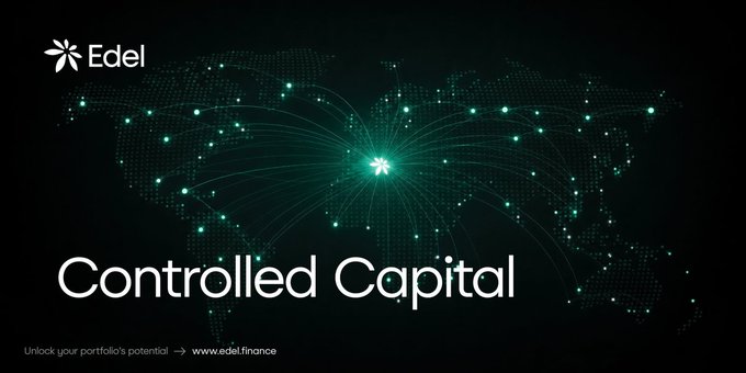 A dark promotional banner for 'Edel' featuring a green digital world map with glowing connection lines, headlined 'Controlled Capital' with the tagline 'Unlock your portfolio's potential → www.edel.finance'.