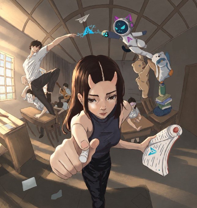 An anime-style illustration depicting a girl with brown hair and small horns in a dark outfit pointing directly at the viewer, set in a chaotic classroom scene with a cat-eared robot, flying objects, and other students in the background.