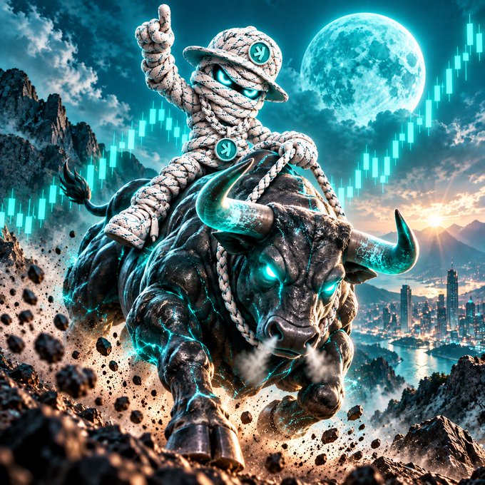 A stylized digital artwork depicting a mummy-like figure riding a massive, glowing-eyed bull through a rocky landscape with a large moon and stock market charts in the background.